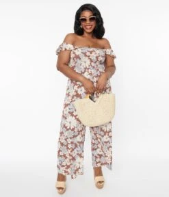 Plus Size Brown & Muted Florals Off The Shoulder Jumpsuit 10 Plus Size Brown & Muted Florals Off The Shoulder Jumpsuit -Pleaser Clothing Store plus size brown muted florals off the shoulder jumpsuit 111812