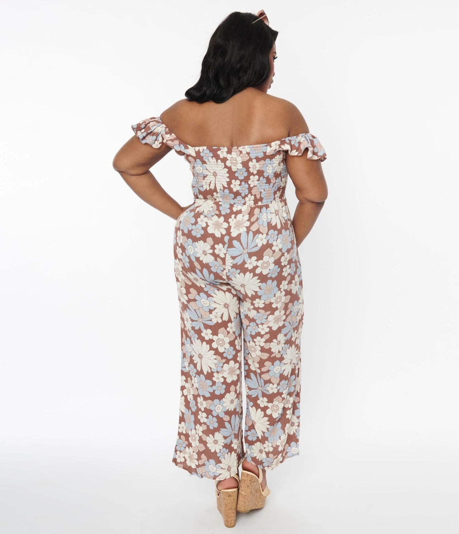 Plus Size Brown & Muted Florals Off The Shoulder Jumpsuit 3 Plus Size Brown & Muted Florals Off The Shoulder Jumpsuit - Image 3