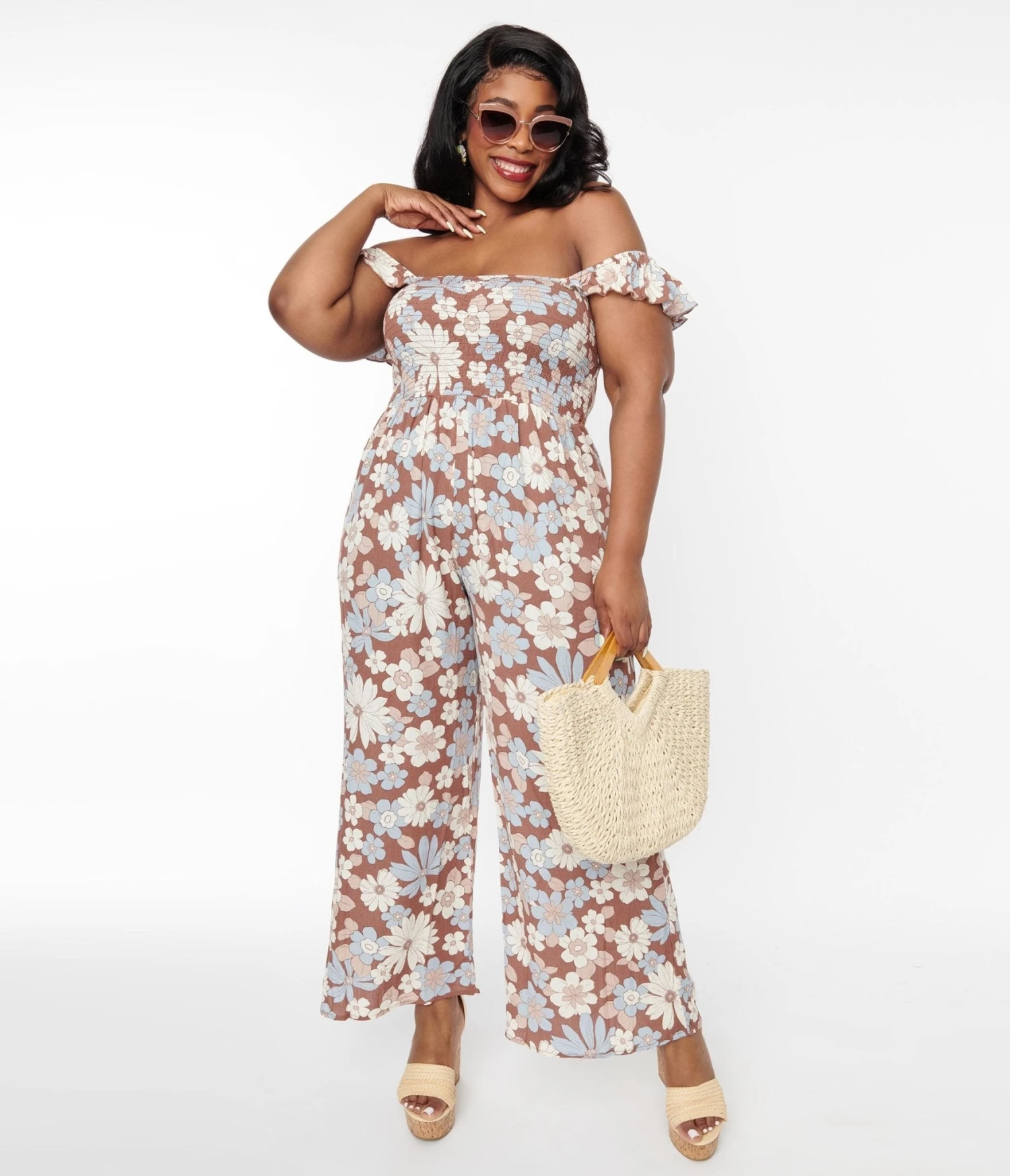 Plus Size Brown & Muted Florals Off The Shoulder Jumpsuit 4 Plus Size Brown & Muted Florals Off The Shoulder Jumpsuit - Image 4