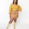 Plus Size Brown Suede Tiered Fringe Skirt