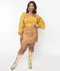 Plus Size Brown Suede Tiered Fringe Skirt