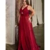 Cinderella Divine Plus Size Burgundy Satin Ruched Knotted Keyhole Evening Gown