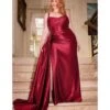 Cinderella Divine Plus Size Burgundy Sequin Applique & Ruched Satin Evening Gown