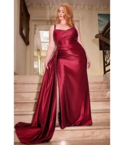 Cinderella Divine Plus Size Burgundy Sequin Applique & Ruched Satin Evening Gown