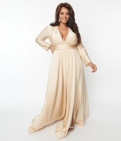 Plus Size Champagne Long Sleeve Sophisticated Goddess Gown -Pleaser Clothing Store plus size champagne long sleeve sophisticated goddess gown 431630