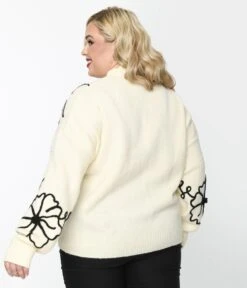 Plus Size Cream & Black Floral Embroidered Mock Neck Sweater -Pleaser Clothing Store plus size cream black floral embroidered mock neck sweater 367682