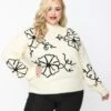 Plus Size Cream & Black Floral Embroidered Mock Neck Sweater