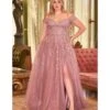 Cinderella Divine Plus Size Dusty Mauve Glitter Tulle Off The Shoulder Applique Slit Gown