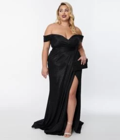 Plus Size Elegant Black Shimmer Off The Shoulder Dress -Pleaser Clothing Store plus size elegant black shimmer off the shoulder dress 772860