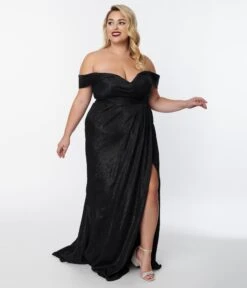 Plus Size Elegant Black Shimmer Off The Shoulder Dress -Pleaser Clothing Store plus size elegant black shimmer off the shoulder dress 991657