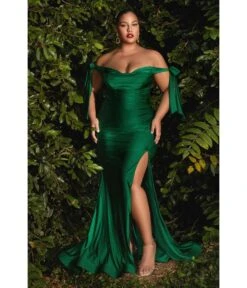 Cinderella Divine Plus Size Emerald Off The Shoulder Tie Bridesmaid Gown