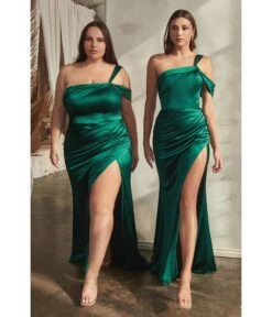 Cinderella Divine Plus Size Emerald Ruched Satin One Shoulder Evening Gown