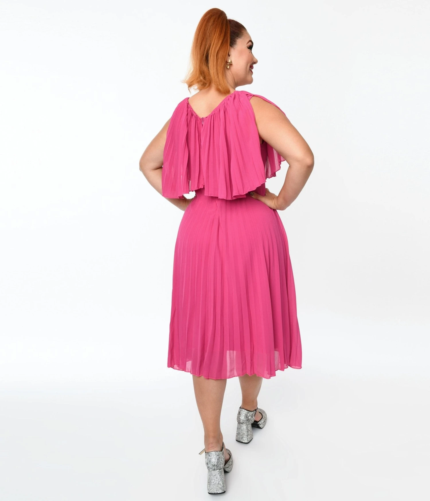 Plus Size Fuchsia Pleated Midi Dress 3 Plus Size Fuchsia Pleated Midi Dress - Image 3