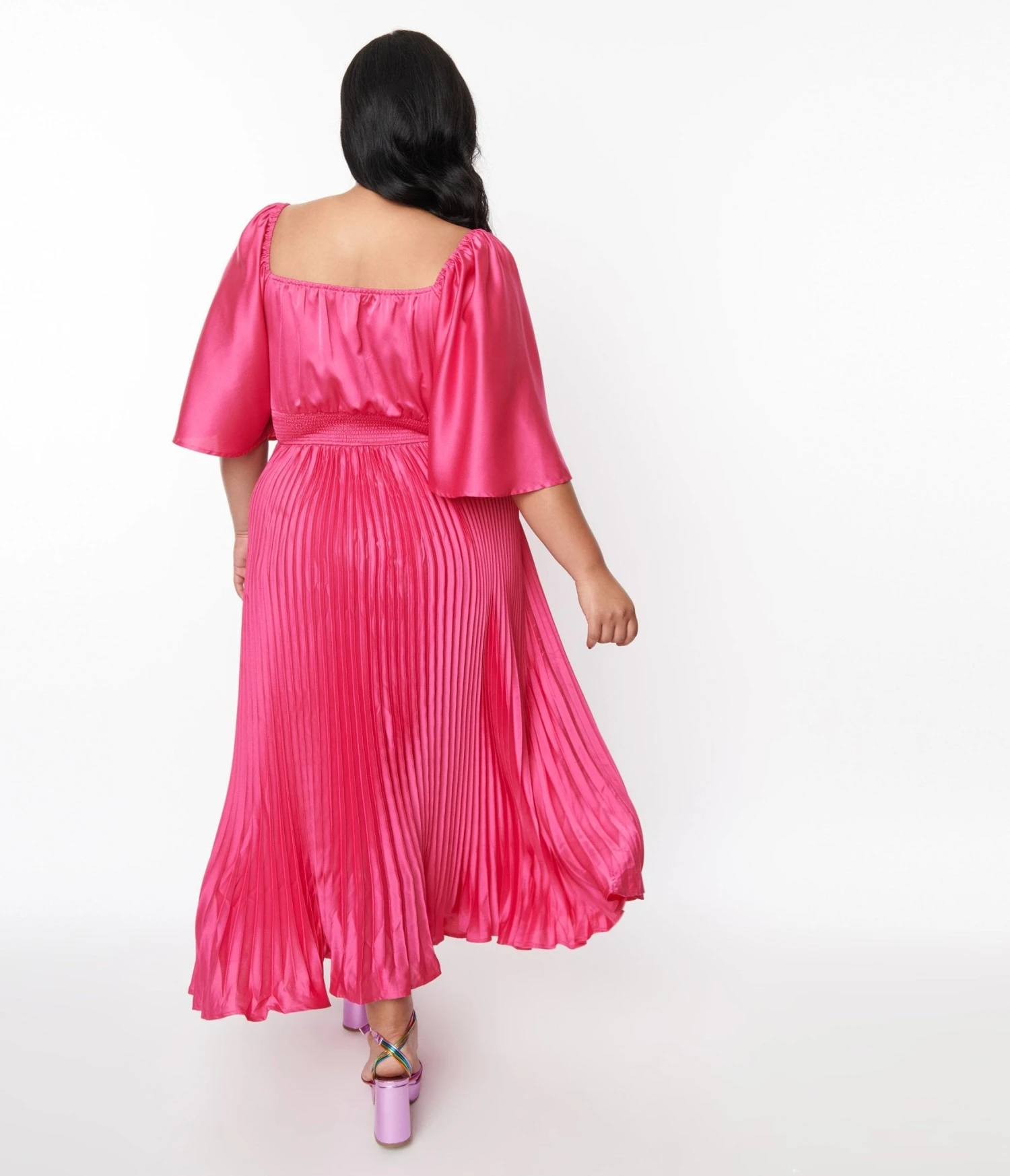 Plus Size Fuchsia Pleated Satin Maxi Dress 2 Plus Size Fuchsia Pleated Satin Maxi Dress - Image 2