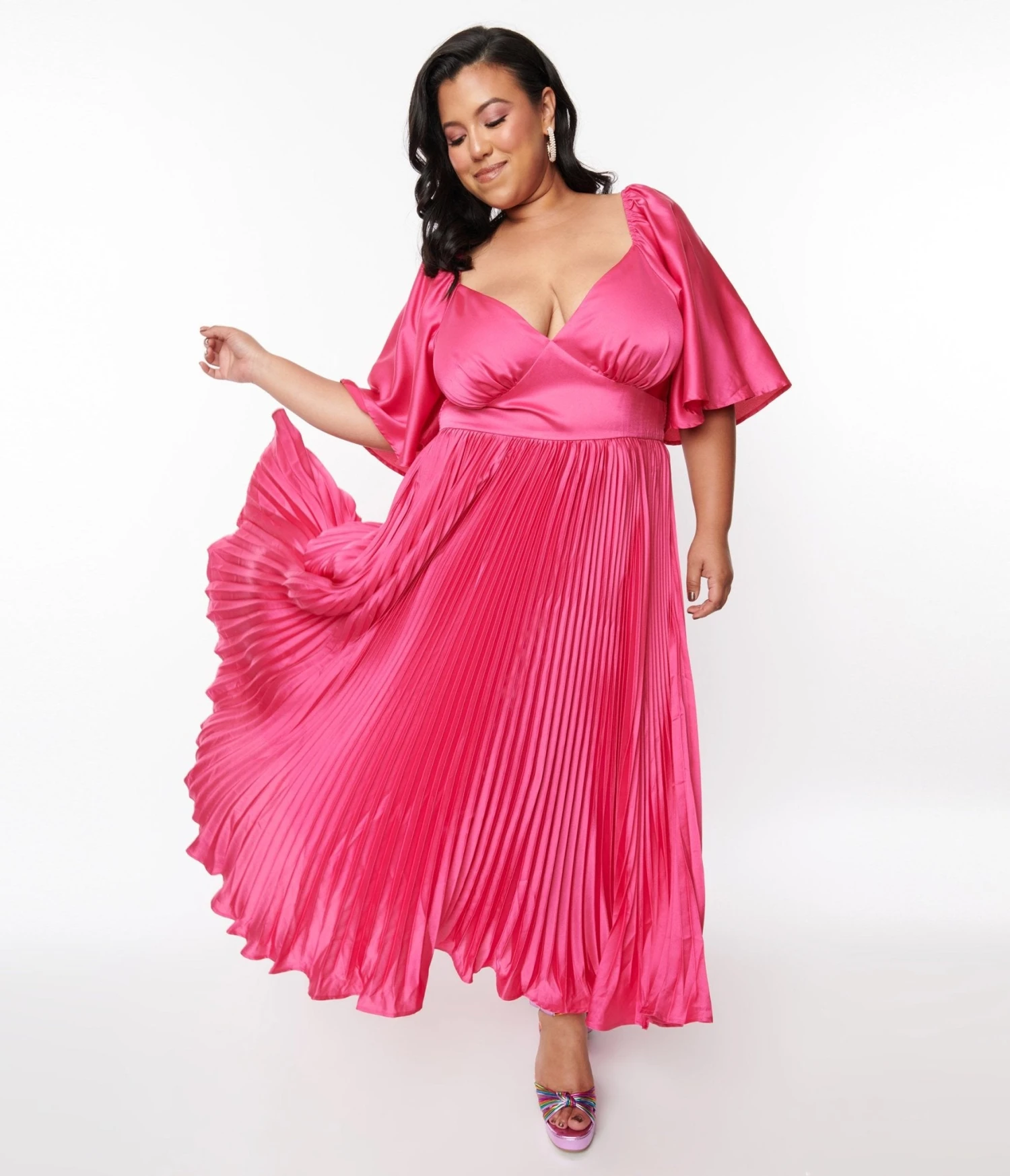 Plus Size Fuchsia Pleated Satin Maxi Dress 3 Plus Size Fuchsia Pleated Satin Maxi Dress - Image 3