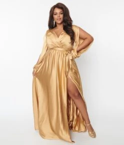 Plus Size Gold Satin Long Sleeve Goddess Gown -Pleaser Clothing Store plus size gold satin long sleeve goddess gown 807921