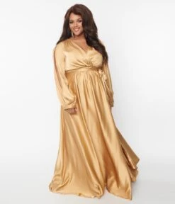 Plus Size Gold Satin Long Sleeve Goddess Gown -Pleaser Clothing Store plus size gold satin long sleeve goddess gown 930818