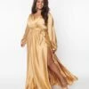 Plus Size Gold Satin Long Sleeve Goddess Gown