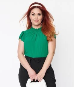 Plus Size Green Mock Neck Ruffled Blouse -Pleaser Clothing Store plus size green mock neck ruffled blouse 838748