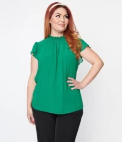 Plus Size Green Mock Neck Ruffled Blouse -Pleaser Clothing Store plus size green mock neck ruffled blouse 988311