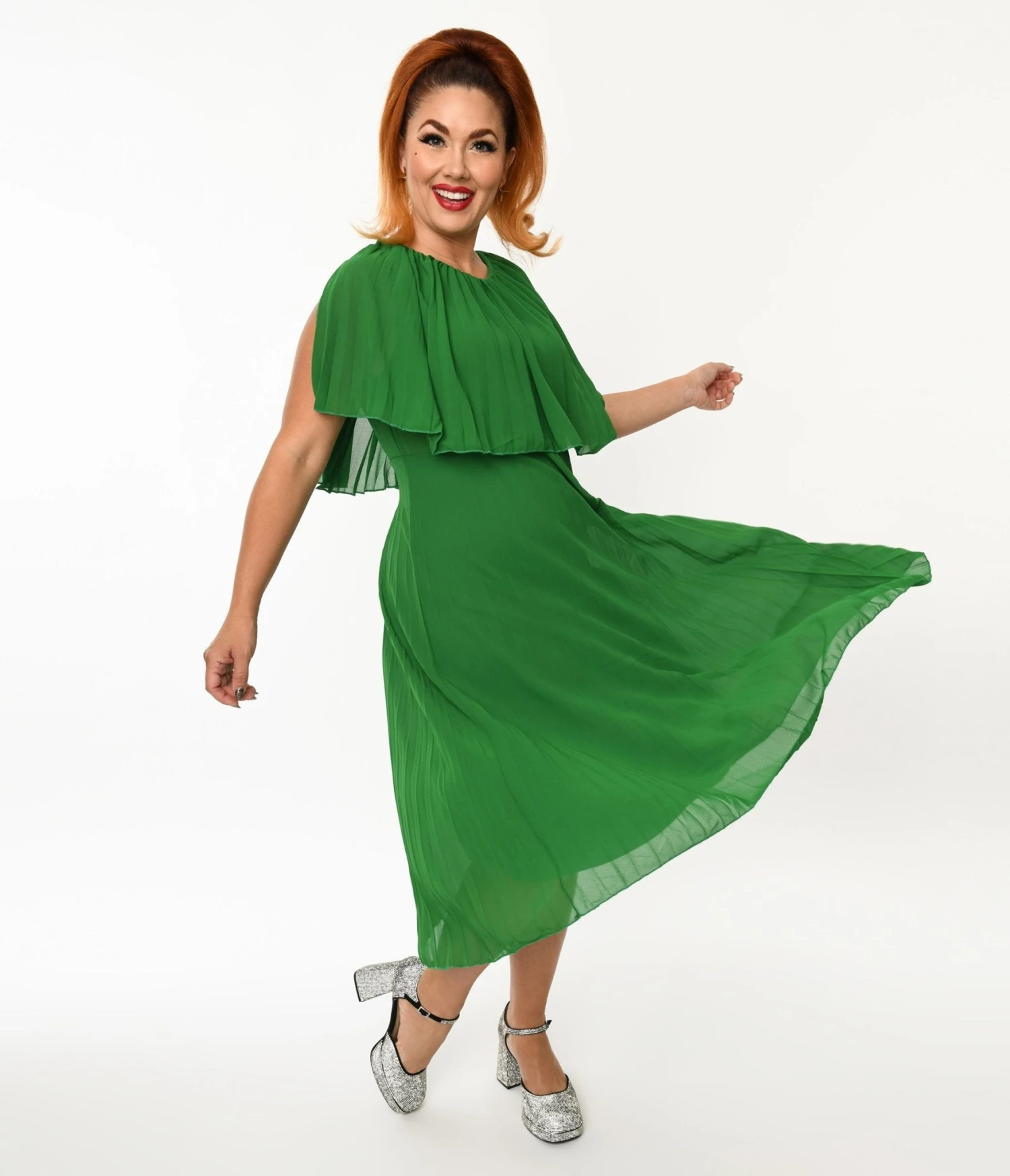Plus Size Green Pleated Midi Dress 2 Plus Size Green Pleated Midi Dress - Image 2