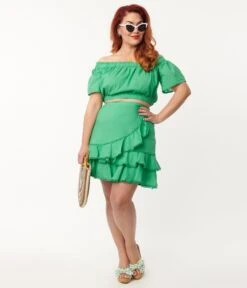 Plus Size Green Two Piece Crop Top & Skirt 7 Plus Size Green Two Piece Crop Top & Skirt -Pleaser Clothing Store plus size green two piece crop top skirt 918622