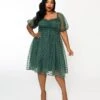 Plus Size Green & Velvet Polka Dot Babydoll Dress