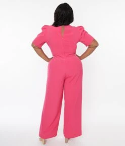 Plus Size Hot Pink Puff Sleeve Jumpsuit -Pleaser Clothing Store plus size hot pink puff sleeve jumpsuit 503785