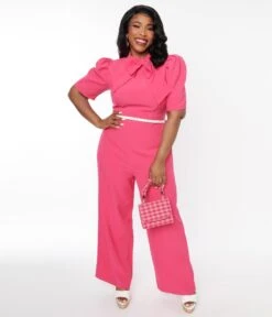 Plus Size Hot Pink Puff Sleeve Jumpsuit -Pleaser Clothing Store plus size hot pink puff sleeve jumpsuit 901344