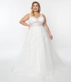 Plus Size Ivory Floral Lace & Tulle Wedding Ball Gown -Pleaser Clothing Store plus size ivory floral lace tulle wedding ball gown 298914