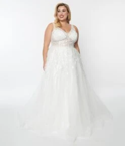Plus Size Ivory Floral Lace & Tulle Wedding Ball Gown -Pleaser Clothing Store plus size ivory floral lace tulle wedding ball gown 324253