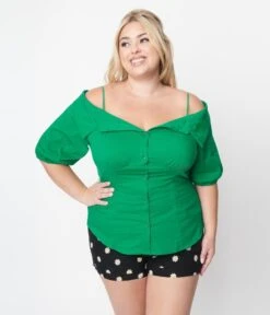 Plus Size Kelly Green Off The Shoulder Collared Top -Pleaser Clothing Store plus size kelly green off the shoulder collared top 107013