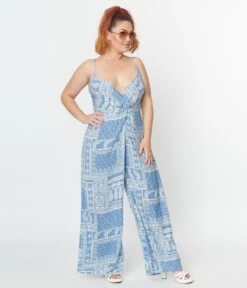 Plus Size Light Blue Bandana Print Jumpsuit -Pleaser Clothing Store plus size light blue bandana print jumpsuit 283524