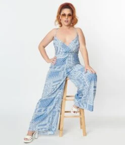 Plus Size Light Blue Bandana Print Jumpsuit -Pleaser Clothing Store plus size light blue bandana print jumpsuit 995439