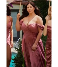 Cinderella Divine Plus Size Mauve Satin Off The Shoulder Bridesmaid Gown