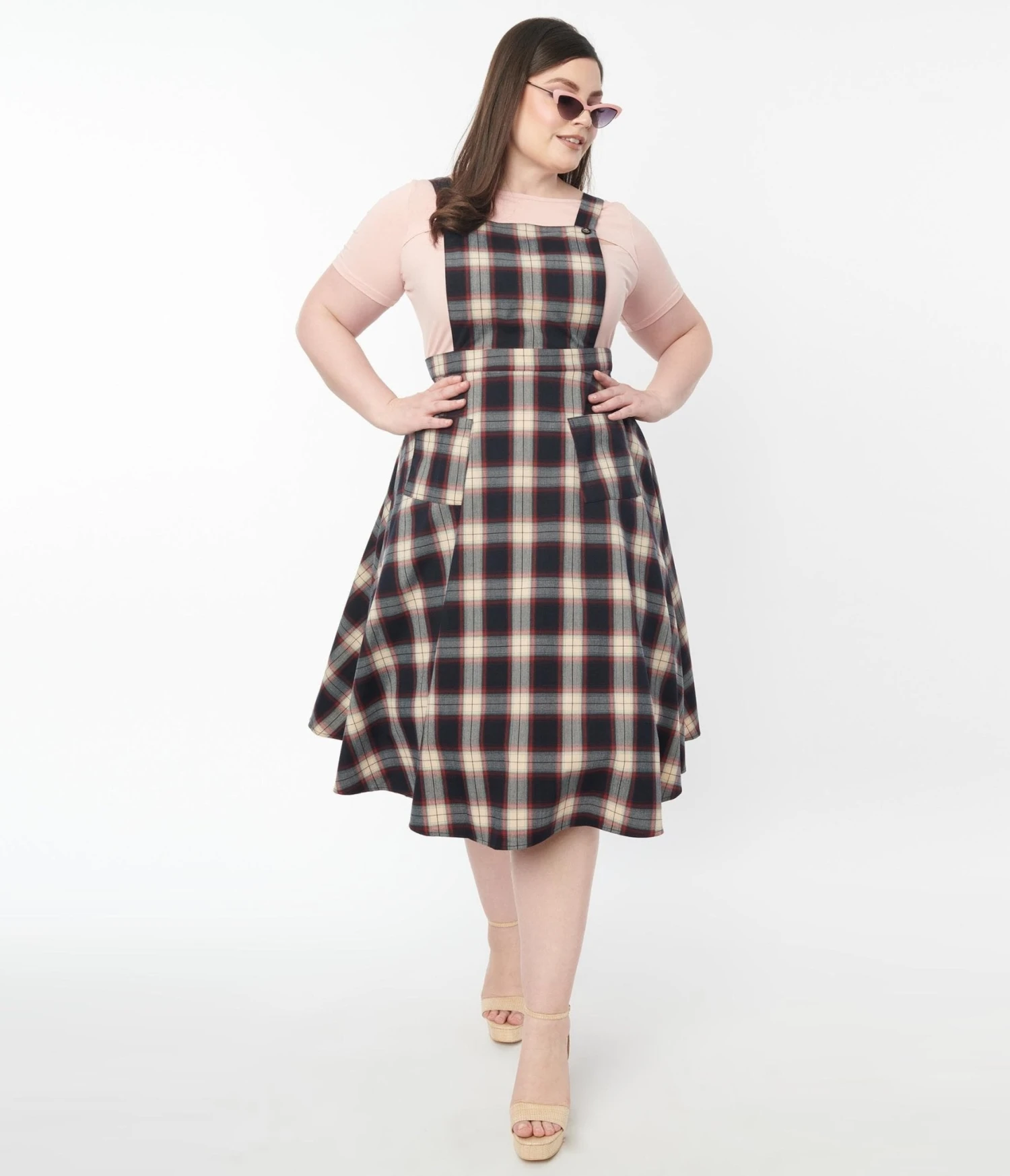 Plus Size Navy & Cream Plaid Pinafore Swing Skirt 1 Plus Size Navy & Cream Plaid Pinafore Swing Skirt