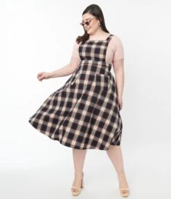 Plus Size Navy & Cream Plaid Pinafore Swing Skirt 9 Plus Size Navy & Cream Plaid Pinafore Swing Skirt -Pleaser Clothing Store plus size navy cream plaid pinafore swing skirt 815790