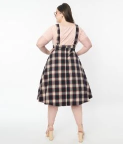 Plus Size Navy & Cream Plaid Pinafore Swing Skirt 8 Plus Size Navy & Cream Plaid Pinafore Swing Skirt -Pleaser Clothing Store plus size navy cream plaid pinafore swing skirt 903694
