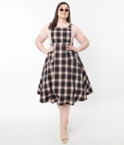 Plus Size Navy & Cream Plaid Pinafore Swing Skirt 10 Plus Size Navy & Cream Plaid Pinafore Swing Skirt -Pleaser Clothing Store plus size navy cream plaid pinafore swing skirt 946285