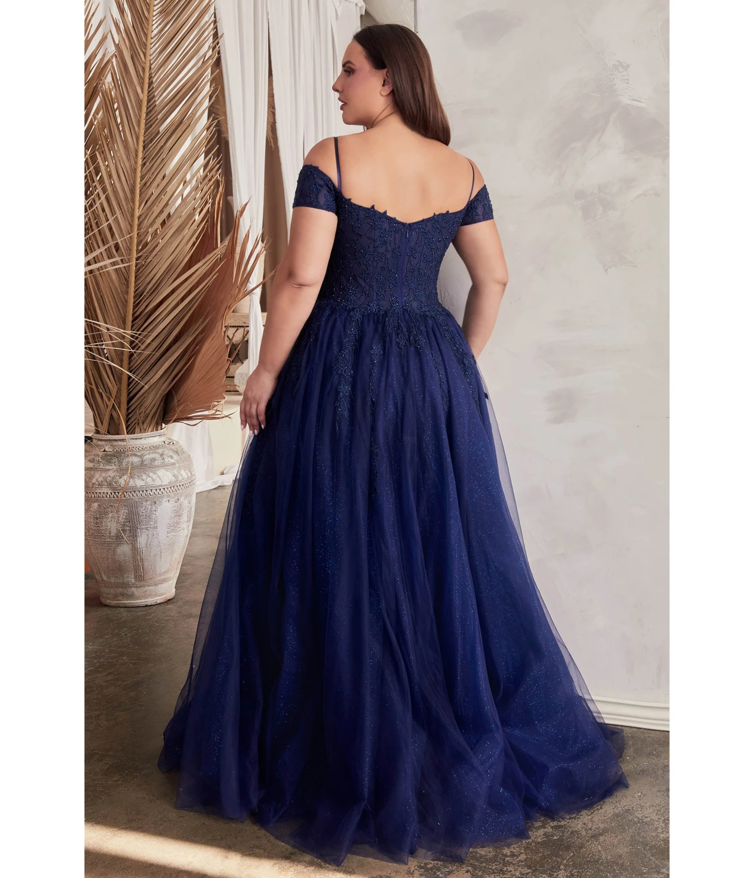 Cinderella Divine Plus Size Navy Glitter Tulle Off The Shoulder Applique Slit Gown 2 Cinderella Divine Plus Size Navy Glitter Tulle Off The Shoulder Applique Slit Gown - Image 2