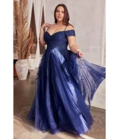 Cinderella Divine Plus Size Navy Glitter Tulle Off The Shoulder Applique Slit Gown