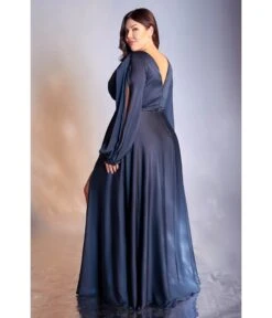 Cinderella Divine Plus Size Navy Satin Blouson Sleeve Evening Gown