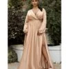 Cinderella Divine Plus Size Nude Satin Blouson Sleeve Evening Gown