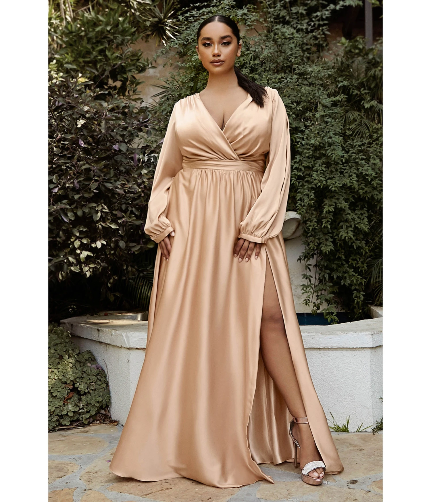 Cinderella Divine Plus Size Nude Satin Blouson Sleeve Evening Gown 1 Cinderella Divine Plus Size Nude Satin Blouson Sleeve Evening Gown