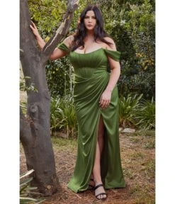 Cinderella Divine Plus Size Olive Divine Satin Corset Off-Shoulder Prom Dress