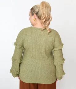 Plus Size Olive Green Ruffle Trim Ribbed Pullover Sweater -Pleaser Clothing Store plus size olive green ruffle trim ribbed pullover sweater 546736