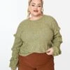 Plus Size Olive Green Ruffle Trim Ribbed Pullover Sweater