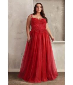 Cinderella Divine Plus Size Red Foliage Applique Corset Tulle Gown