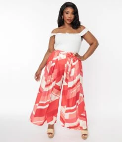 Plus Size Red Geometric Wide Leg Pants