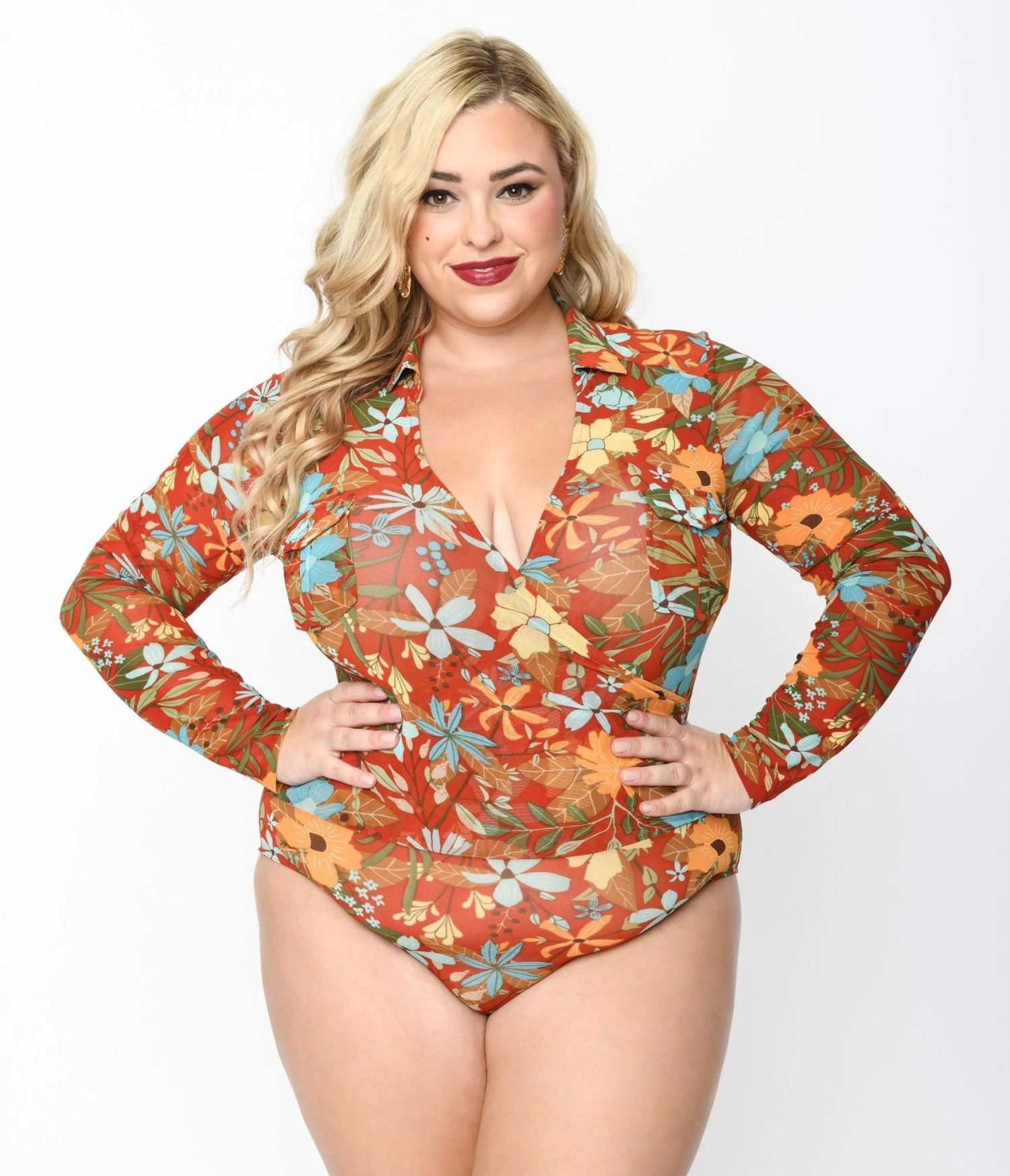 Plus Size Red & Multicolor Floral Collared Surplice Bodysuit 2 Plus Size Red & Multicolor Floral Collared Surplice Bodysuit - Image 2